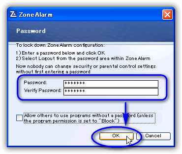ZoneAlarm Free Firewall 環境設定 / パスワード設定