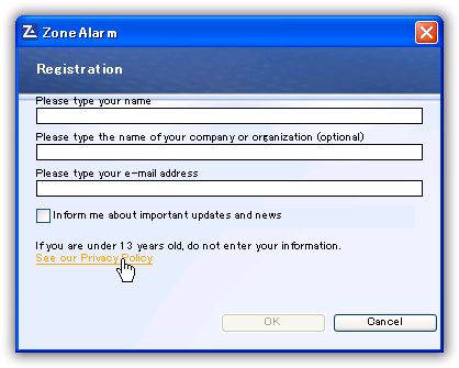 ZoneAlarm Free Firewall / ユーザー登録とメールサービスの登録