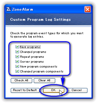 ZoneAlarm Free Firewall/ プログラムログのカスタム設定（Custom Program Log Settings）